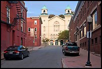 Brick buildings and church on Columbia Street. Bangor, Maine, USA (color)