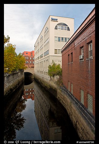 Downtown buildings bordering Kenduskeag stream. Bangor, Maine, USA