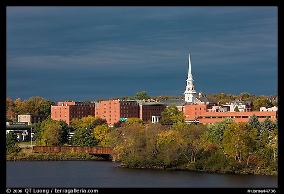 Penobscot River and downtown with storm clouds. Bangor, Maine, USA