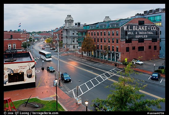 Street seen from above, dawn. Portland, Maine, USA