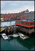 Boats, harbor, and historic buildings. Portland, Maine, USA (color)
