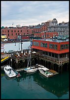 Boats, harbor, and historic buildings. Portland, Maine, USA (color)