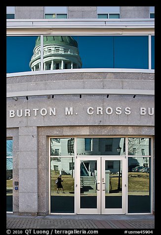 Capitol reflected in Burton Cross Building. Augusta, Maine, USA