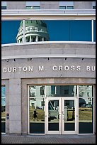 Capitol reflected in Burton Cross Building. Augusta, Maine, USA (color)