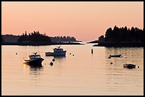 Boats and Penobscot Bay islets, sunrise. Stonington, Maine, USA ( color)