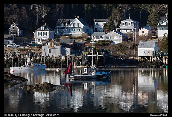 Fishing boats and houses. Stonington, Maine, USA (color)