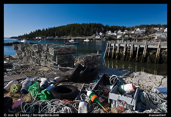 Fishing gear and harbor. Stonington, Maine, USA