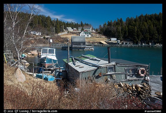 Old schack and harbor. Stonington, Maine, USA (color)