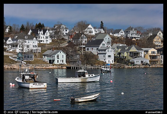 Lobstering boats and houses. Stonington, Maine, USA (color)