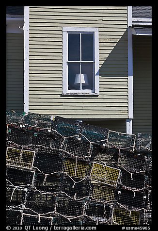 Lobster traps and window. Stonington, Maine, USA (color)