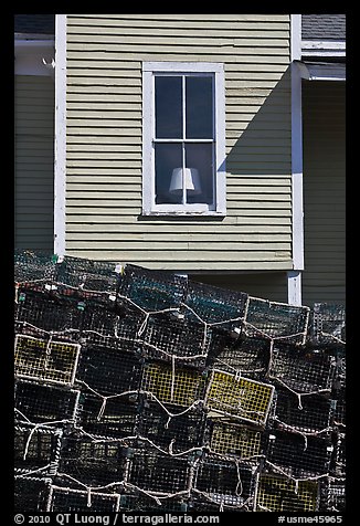 Lobster traps and window. Stonington, Maine, USA