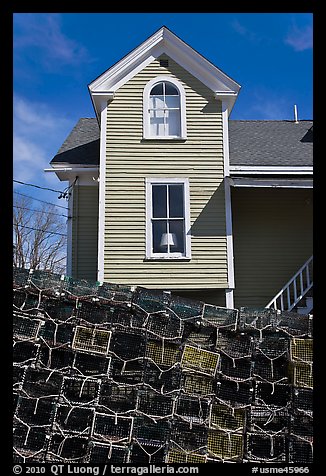 Lobster traps and house. Stonington, Maine, USA (color)