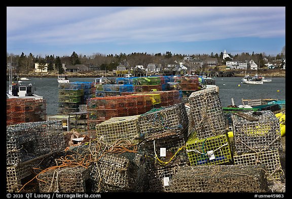 Lobster traps and village. Corea, Maine, USA (color)