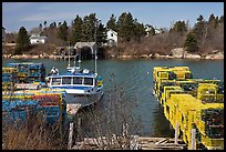 Lobster traps and boat. Corea, Maine, USA
