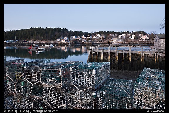 Lobster traps, pier, and village at dawn. Stonington, Maine, USA (color)