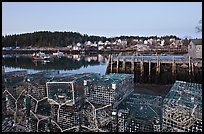 Lobster traps, pier, and village at dawn. Stonington, Maine, USA ( color)