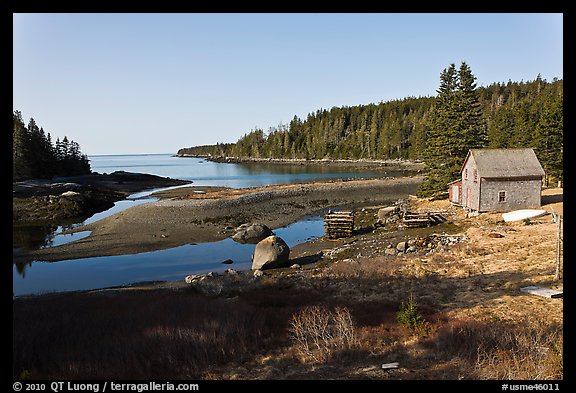 Schacks and inlet. Isle Au Haut, Maine, USA (color)