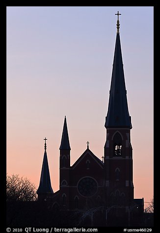 Cathedral spires backlit at dawn. Portland, Maine, USA (color)