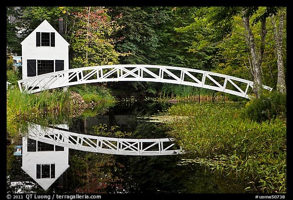 White wooden house and bridge, Somesville. Maine, USA