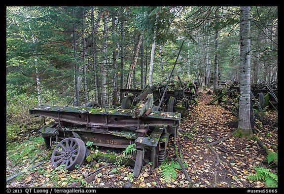 Rusting railway equipment in the woods. Allagash Wilderness Waterway, Maine, USA (color)