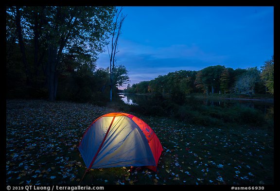Tent with light at Lunksoos Camp. Katahdin Woods and Waters National Monument, Maine, USA (color)