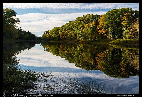 Clouds and trees reflected in East Branch Penobscot River. Katahdin Woods and Waters National Monument, Maine, USA (color)
