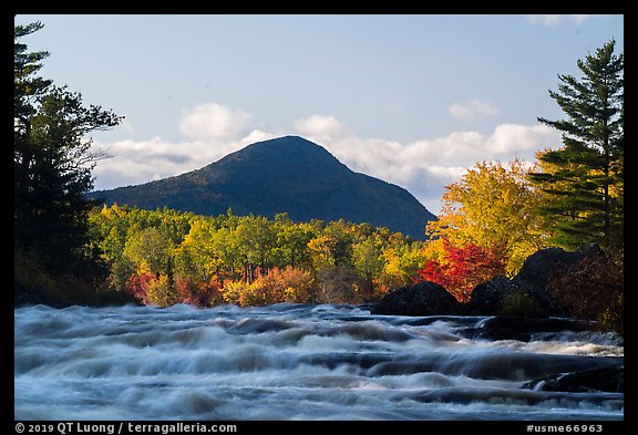 Haskell Rock Pitch rapids and Bald Mountain in autumn. Katahdin Woods and Waters National Monument, Maine, USA (color)