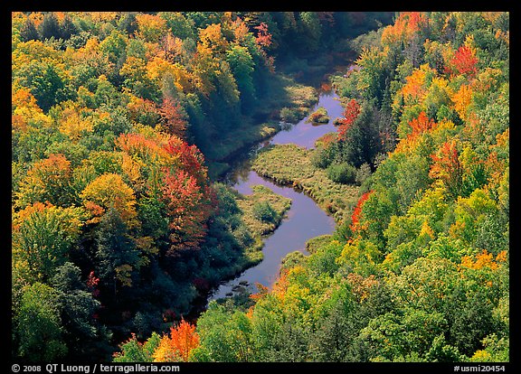 River with curve and fall forest from above, Porcupine Mountains State Park. USA (color)