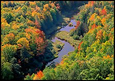 River with curve and fall forest from above, Porcupine Mountains State Park. USA ( color)