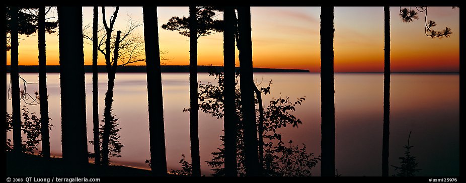 Sunset lakescape through trees, Lake Superior. Upper Michigan Peninsula, USA