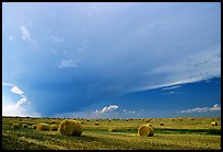 Storm cloud and hay rolls. North Dakota, USA (color)
