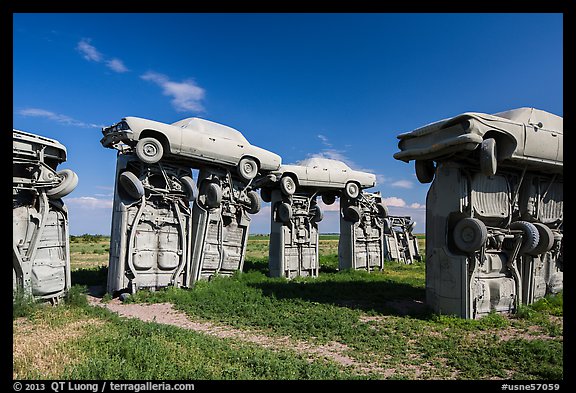 Vintage American automobiles forming replica of Stonehenge. Alliance, Nebraska, USA