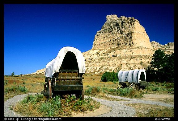 Old wagons and bluff. Scotts Bluff National Monument. South Dakota, USA