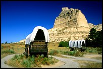 Old wagons and bluff. Scotts Bluff National Monument. Nebraska, USA