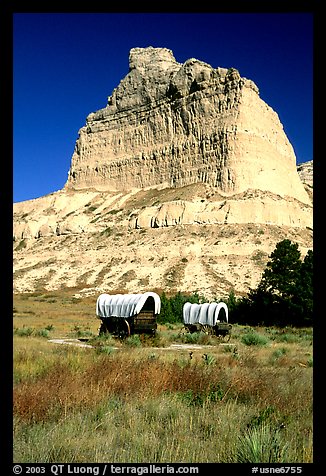 Old wagons and bluff. Scotts Bluff National Monument. South Dakota, USA