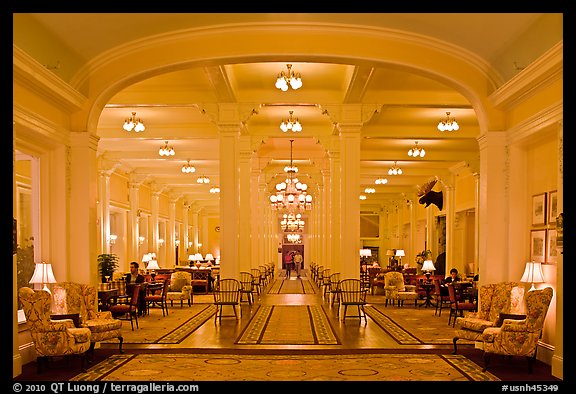 Lobby at nigth, Omni Mount Washington hotel, Bretton Woods. New Hampshire, USA (color)