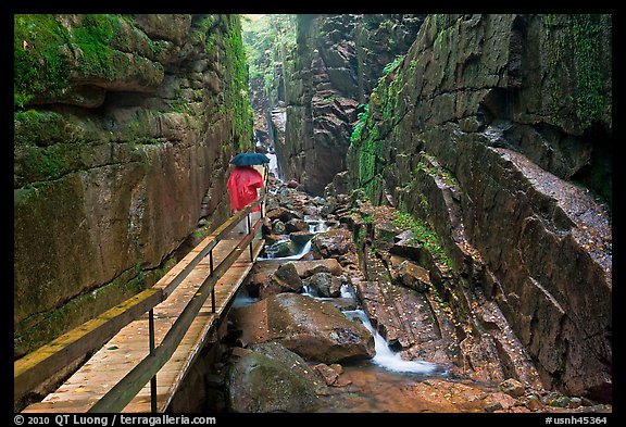 Hiking the Flume in the rain, Franconia Notch State Park. New Hampshire, USA (color)