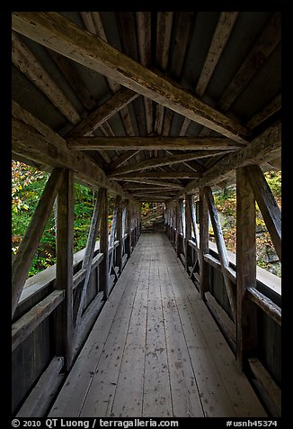 Inside Sentinel Pine covered bridge, Franconia Notch State Park. New Hampshire, USA