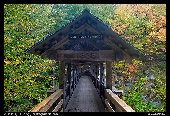 Covered footbridge in autumn, Franconia Notch State Park. New Hampshire, USA (color)