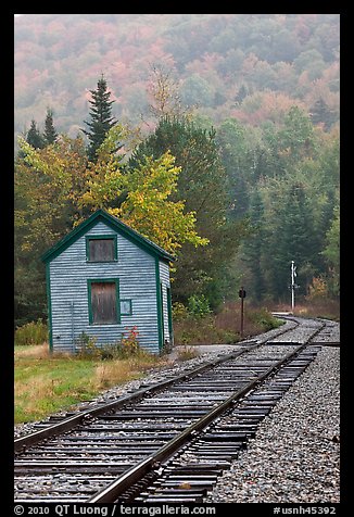 Railroad tracks and shack in autumn, White Mountain National Forest. New Hampshire, USA (color)