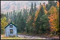 Shack and railway tracks in the fall, White Mountain National Forest. New Hampshire, USA