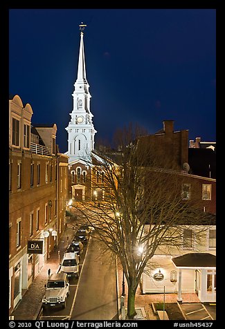 Street from above and church at night. Portsmouth, New Hampshire, USA