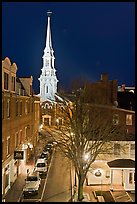 Street from above and church at night. Portsmouth, New Hampshire, USA