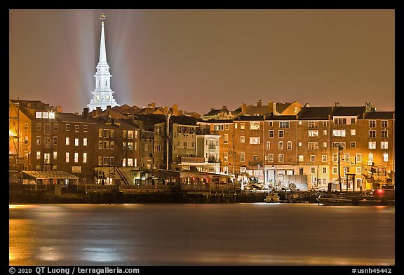 Waterfront and church by night. Portsmouth, New Hampshire, USA (color)