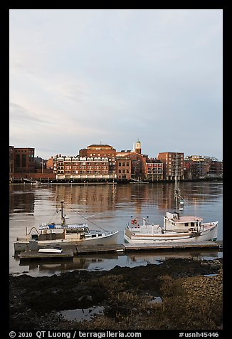 Fishing boats and Portsmouth skyline. Portsmouth, New Hampshire, USA