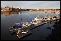 Deck, fishing boats, and river. Portsmouth, New Hampshire, USA