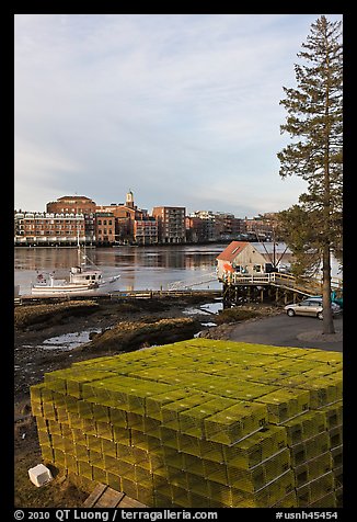 Lobster traps and city skyline. Portsmouth, New Hampshire, USA