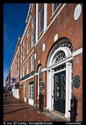 Sidewalk and row of brick buildings. Portsmouth, New Hampshire, USA (color)