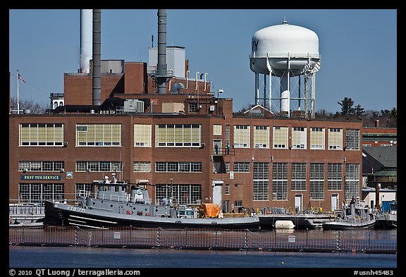 Tugboats and brick buildings, Naval Shipyard. Portsmouth, New Hampshire, USA (color)