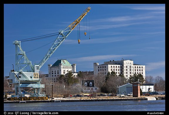 Crane and former prison called The Castle. Portsmouth, New Hampshire, USA (color)